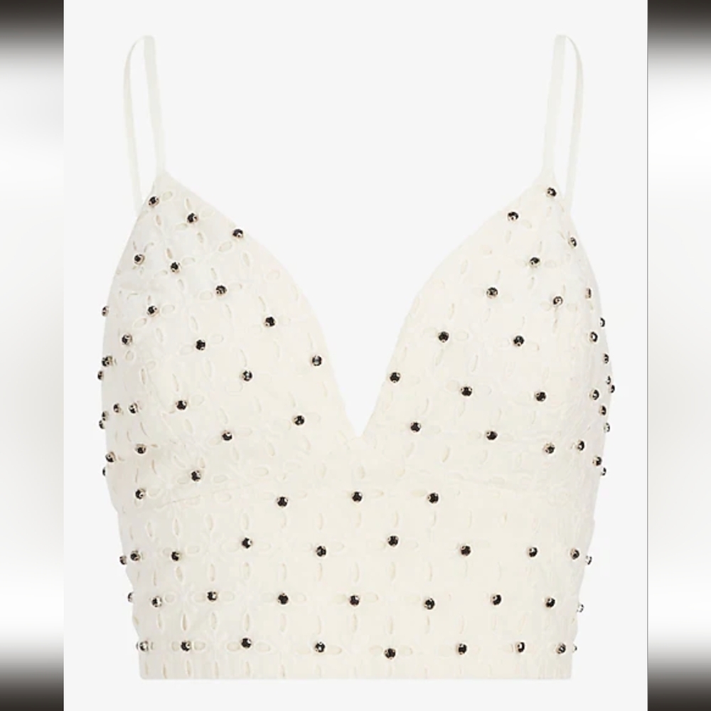 Eyelet Deep V-Neck Embellished Cropped Cami - Picture 2 of 5
